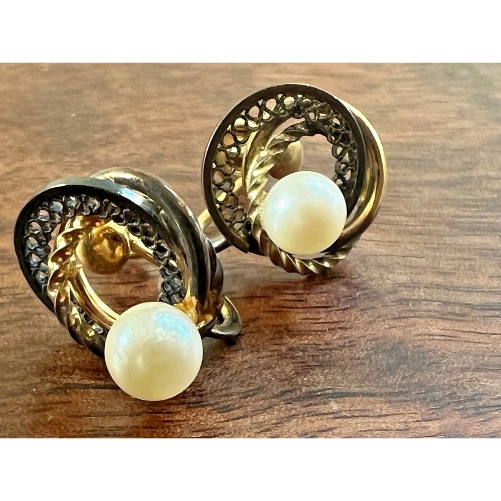 Vintage‎ WELLS 14KT GF Pearl Screw Back Earrings Two Tone Filigree MCM Retro